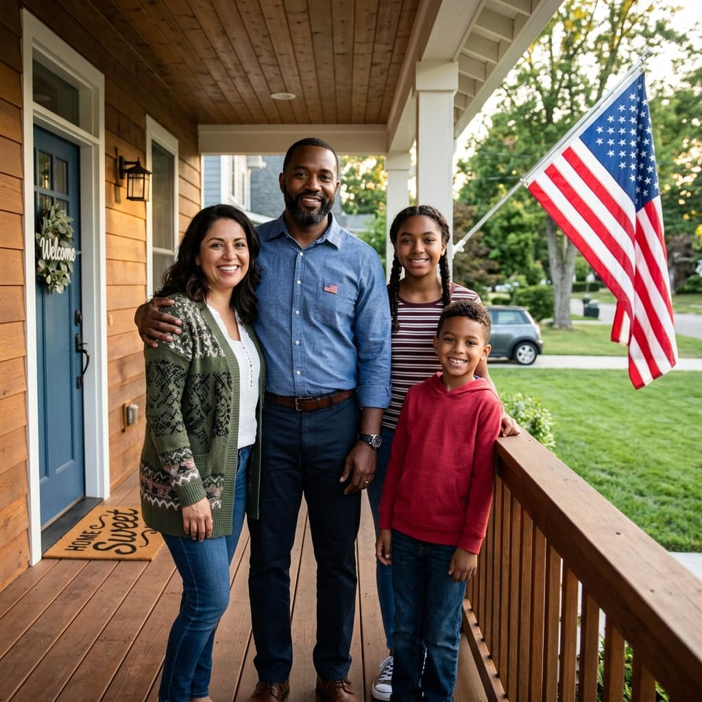 Diverse veteran family in front of home