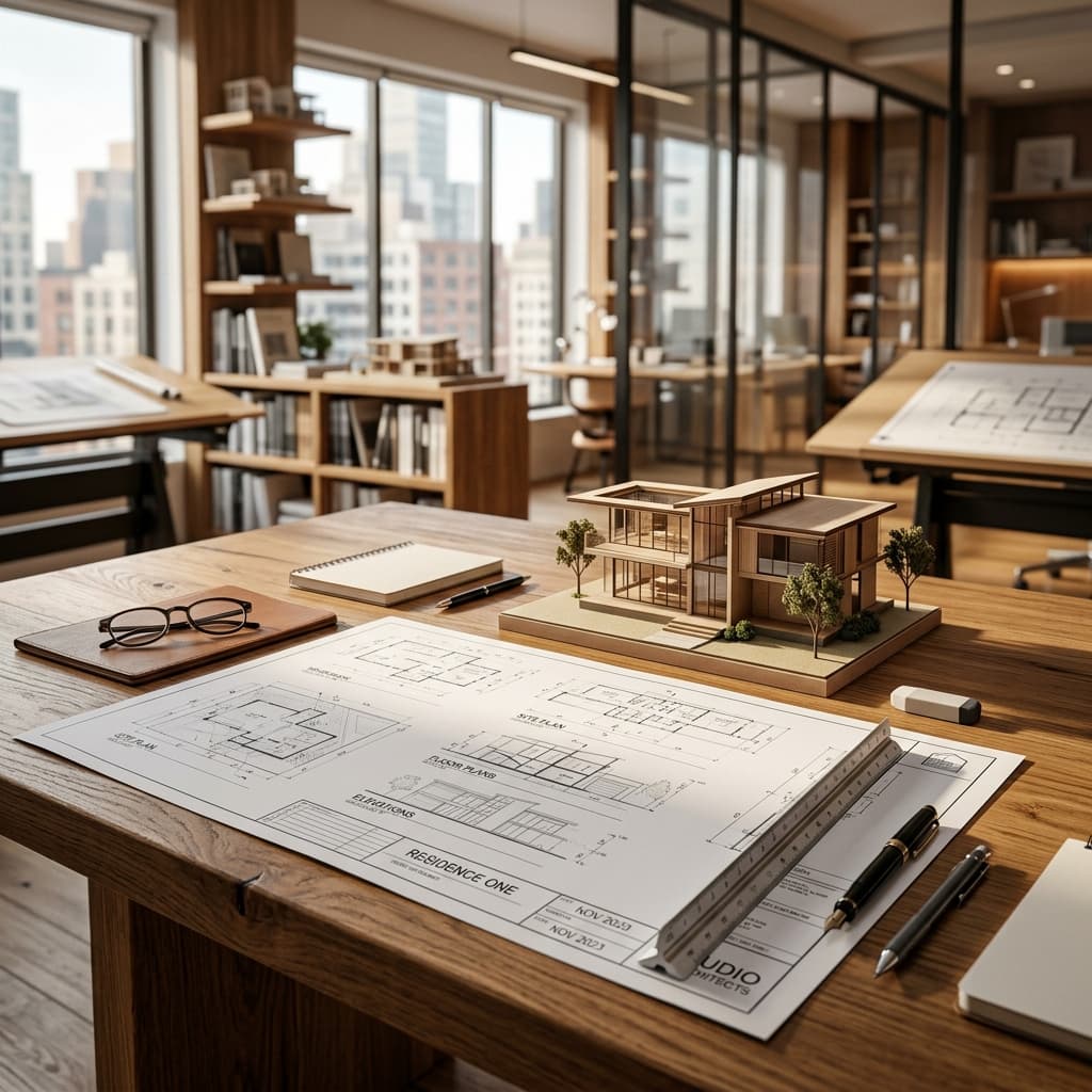 Architectural blueprints and 3D model representing structured planning