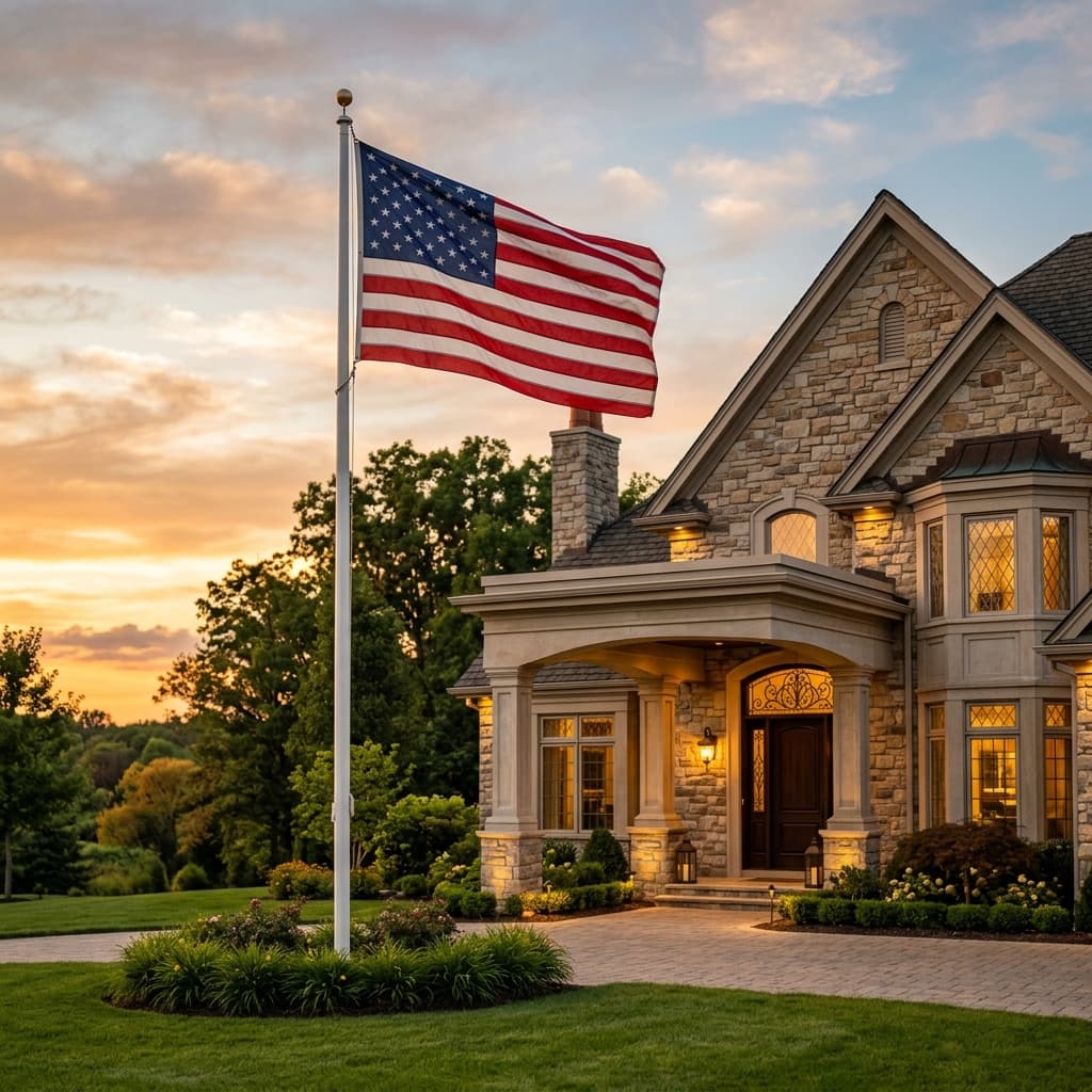 American flag waving in front of a luxury residence representing a clear mission