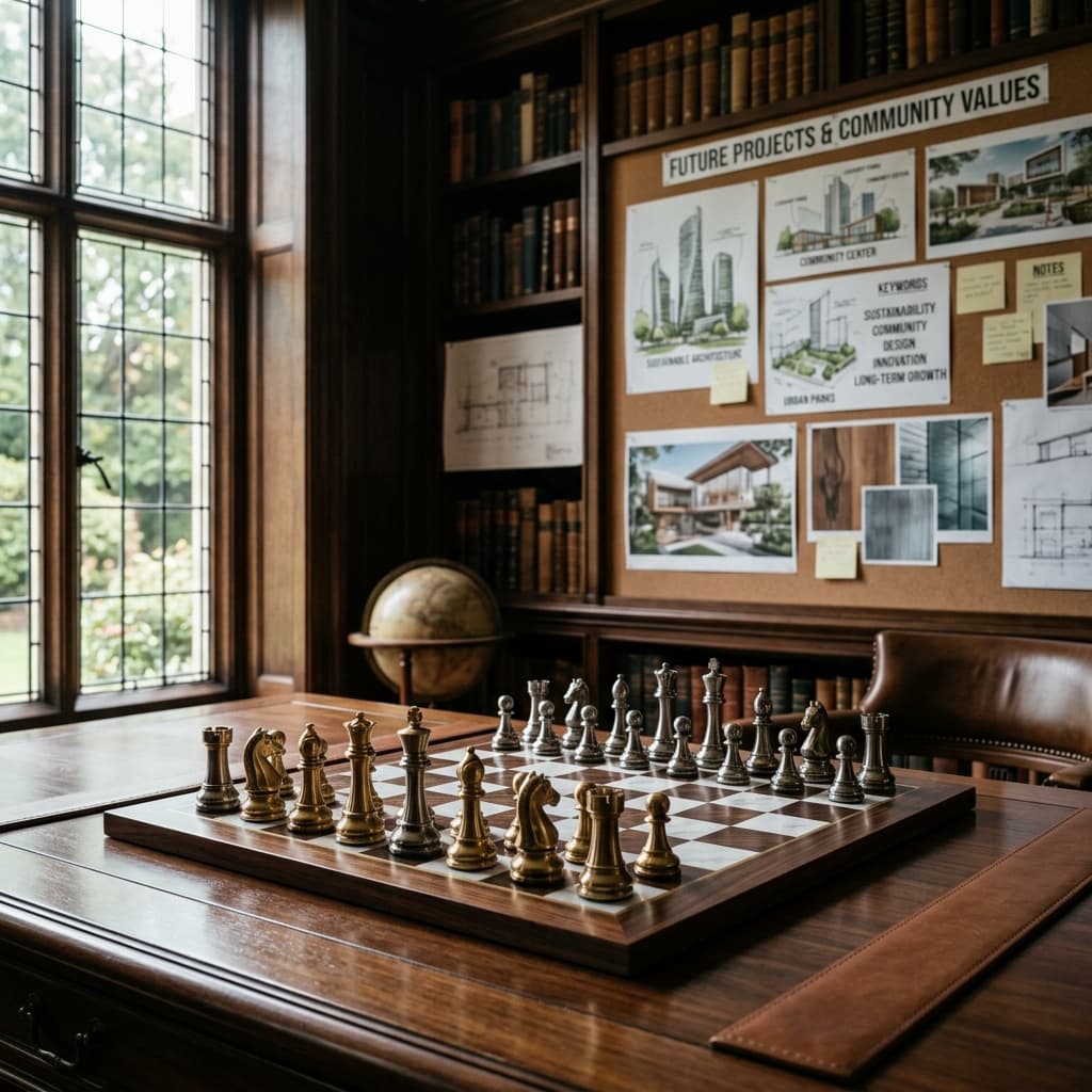 Designer chess set in a library representing long-term strategic thinking