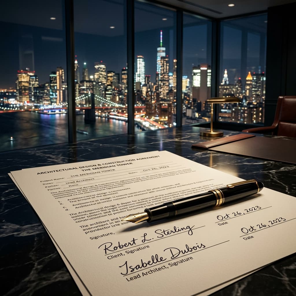 Luxury fountain pen and signed architectural agreement representing systematic execution