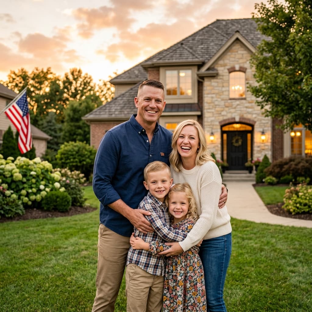 Happy white veteran family in front of their home