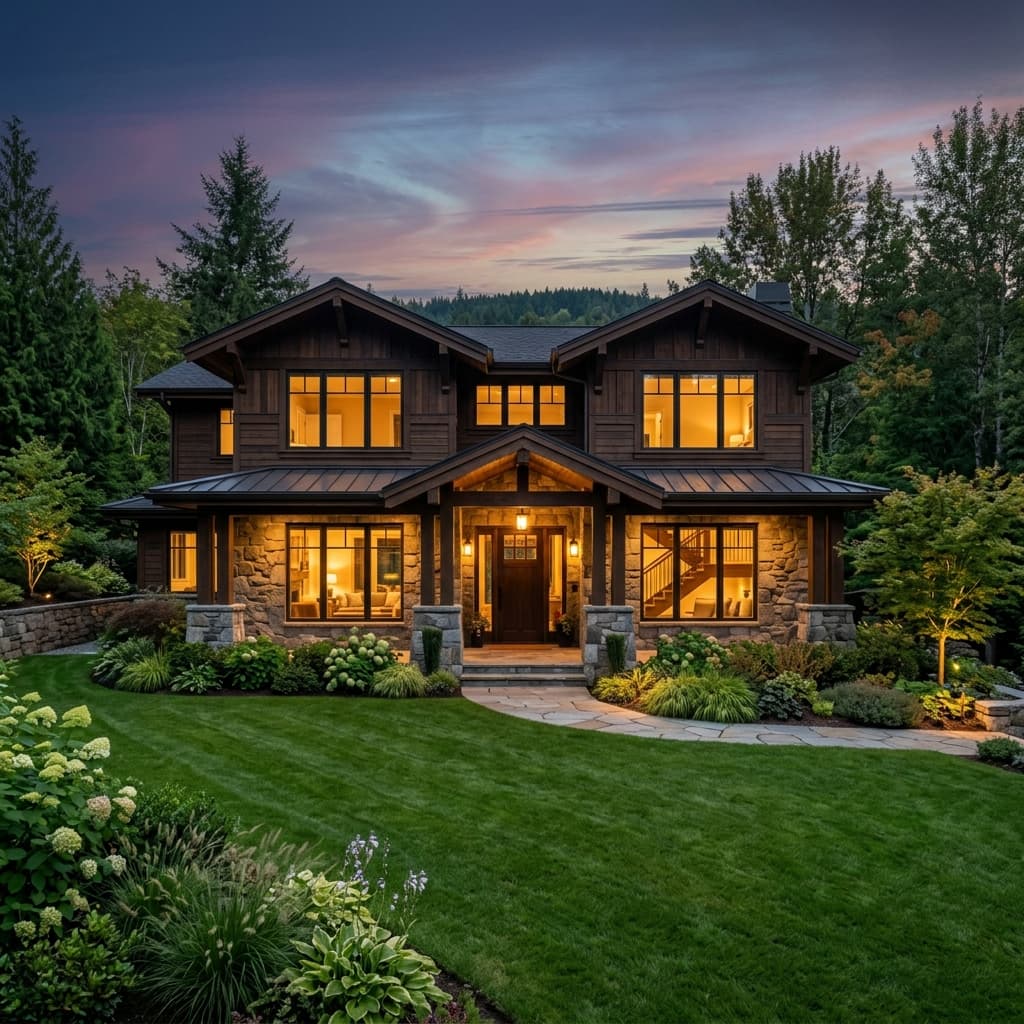 High-end modern craftsman residential property at dusk