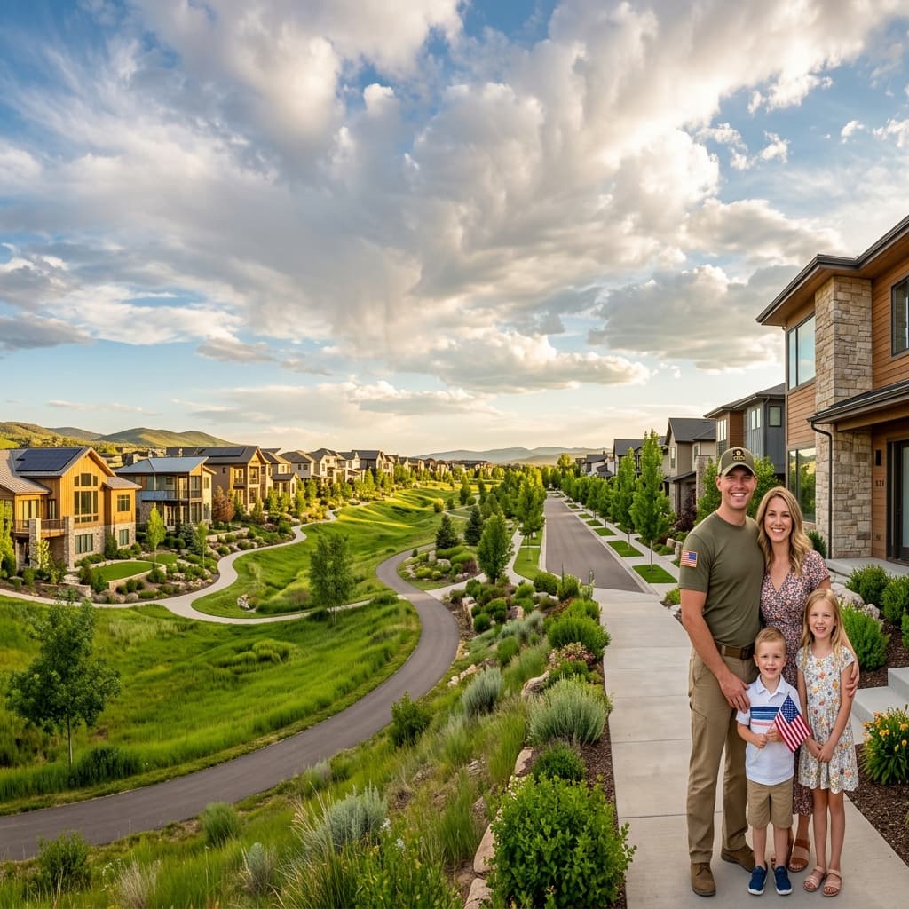 Bright, wide-angle real estate photo of a proud American veteran family on the lawn of a beautiful modern home
